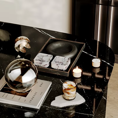 Elegant Decorative Ornament Set With Metal Tray Marble Coasters Lit Candles On Black Marble Countertop 3d model
