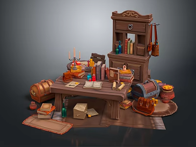 Vintage Functional Desk With Open Books Candles Scrolls Colorful Bottles Wooden Barrel And Cabinet 3d model