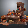 Vintage Functional Desk With Open Books Candles Scrolls Colorful Bottles Wooden Barrel And Cabinet