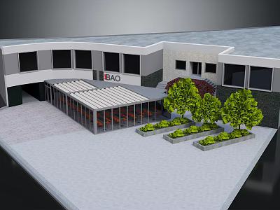 Modern Commercial Street Building Exterior With Covered Walkway Trees And Flower Beds 3d model
