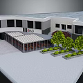 Modern Commercial Street Building Exterior With Covered Walkway Trees And Flower Beds