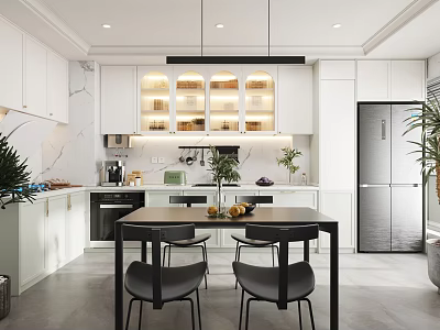 Modern Kitchen Interior With White Cabinets Marble Island Black Chairs And Plants 3d model