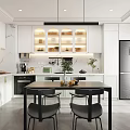 Modern Kitchen Interior With White Cabinets Marble Island Black Chairs And Plants
