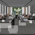 Modern Lounge Area With Sofas Armchairs Green Plants And Floor To Ceiling Windows