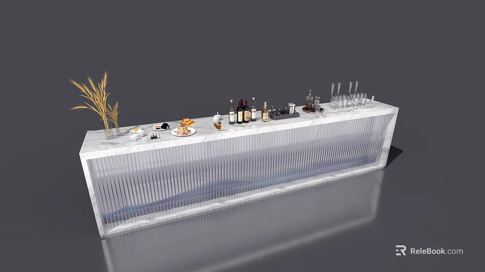 Modern Dining Table With White Marble Countertop Wine Glasses Bottles Food And Decorative Plants 3d model 