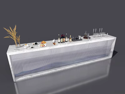 Modern Dining Table With White Marble Countertop Wine Glasses Bottles Food And Decorative Plants 3d model