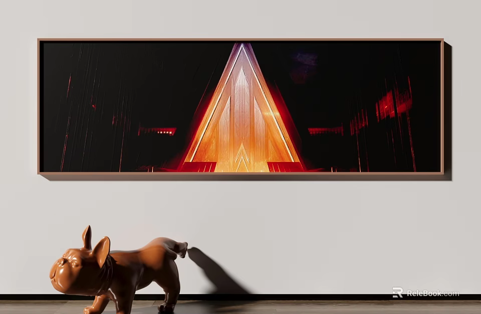 Wall Art With Illuminated Triangle And Red Purple Light Effects Near Small Dog Sculpture 3d model 