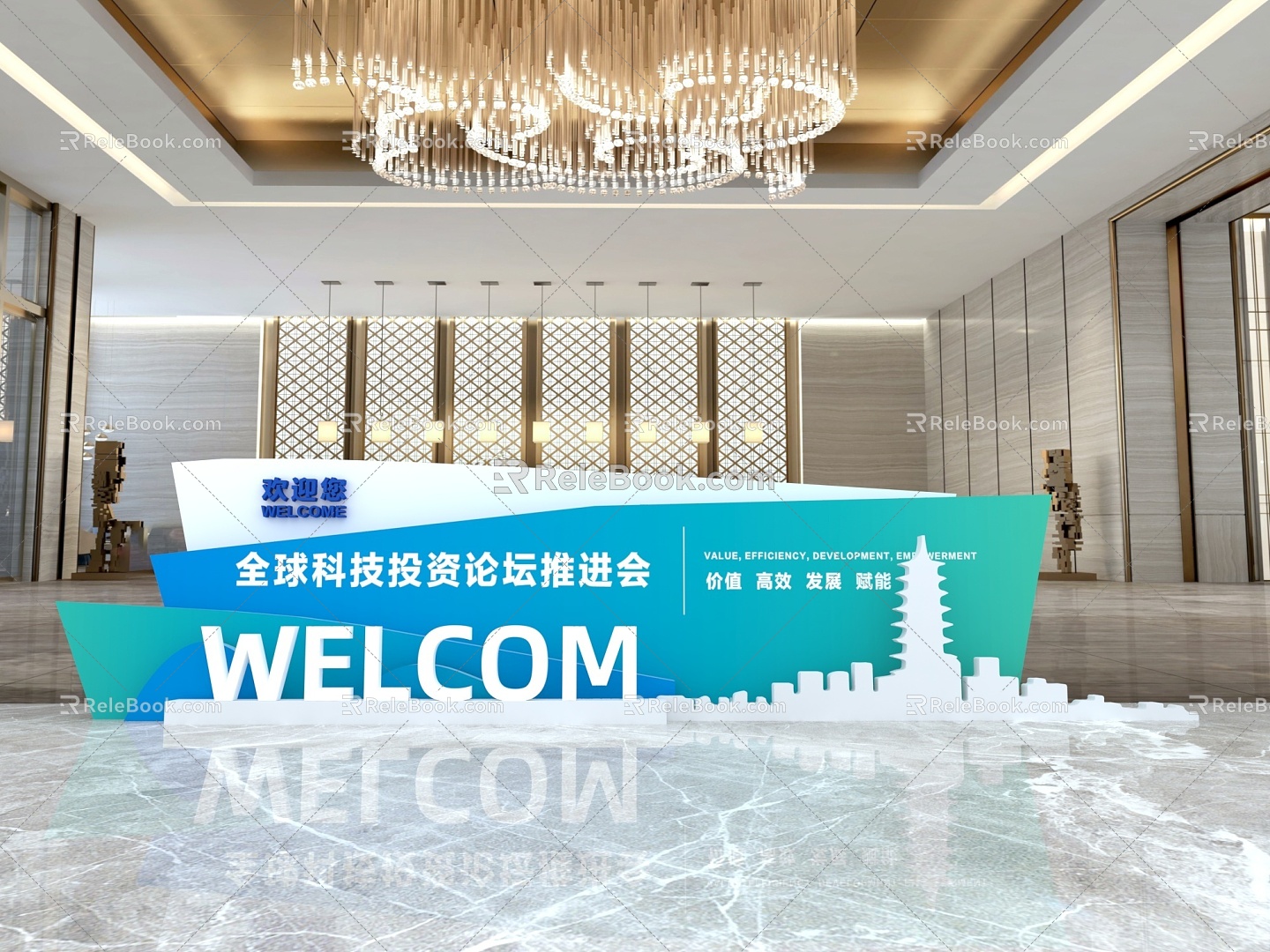 Modern American Chen exhibition board photo clock-in wall DP point meeting welcome device blue atmosphere simple high-end building landmark clock-in 3d model