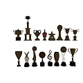 Elegant Golden Trophy Collection With Various Designs Displayed On Dark Wooden Shelves