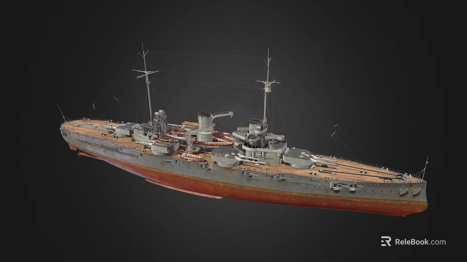 Vintage Historical Warship Model With Turret Mast Red Bottom And Gray Hull 3d model 
