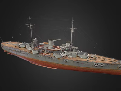 Vintage Historical Warship Model With Turret Mast Red Bottom And Gray Hull 3d model
