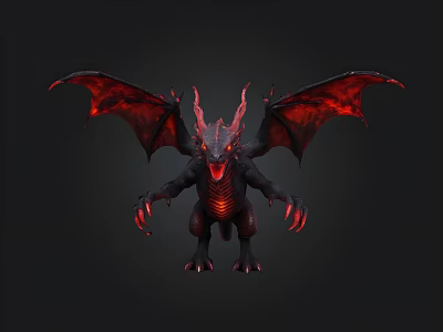 Black Demon Creature With Red Wings Horns And Glowing Red Patterns 3d model