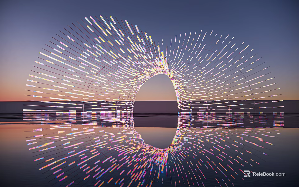 Modern Curved Pergola With Vibrant Lighting And Water Surface Reflection At Sunset 3d model 
