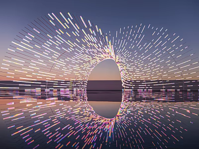 Modern Curved Pergola With Vibrant Lighting And Water Surface Reflection At Sunset 3d model