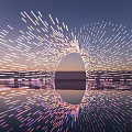 Modern Curved Pergola With Vibrant Lighting And Water Surface Reflection At Sunset