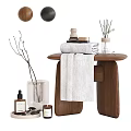 Modern Bathroom Set With Wooden Table Folded Hanging Towels Diffuser Vase And Toiletries