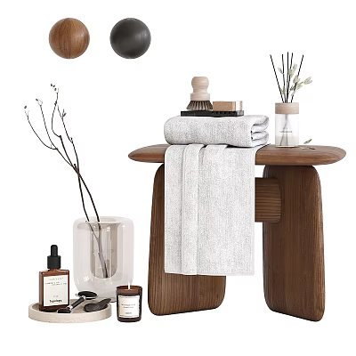 Modern Bathroom Set With Wooden Table Folded Hanging Towels Diffuser Vase And Toiletries 3d model