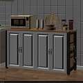 White Cabinet Sideboard With Wooden Top Microwave Oven Plates And Jars In Kitchen