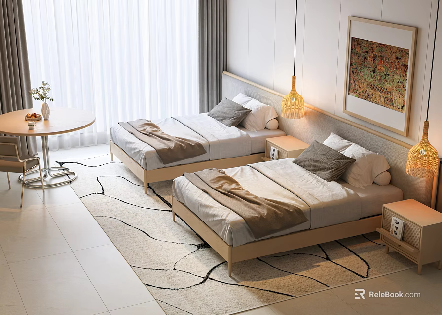Bright Bedroom Featuring Two Single Beds Curtains Rug Bedside Tables And Pendant Lights 3d model 