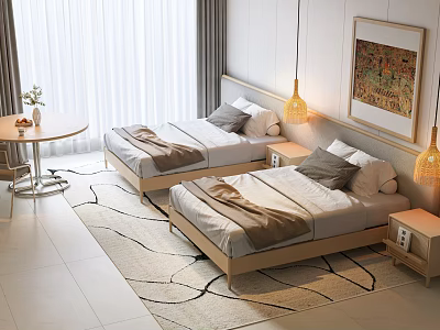 Bright Bedroom Featuring Two Single Beds Curtains Rug Bedside Tables And Pendant Lights 3d model