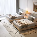 Bright Bedroom Featuring Two Single Beds Curtains Rug Bedside Tables And Pendant Lights