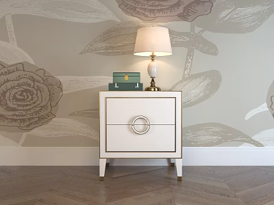 White Bedside Table with Drawer Circular Knob Lamp and Books on Rose Patterned Wallpaper 3d model