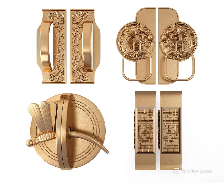 Chinese Style Decorative Carved Handles With Ornate Patterns For Furniture 3d model 