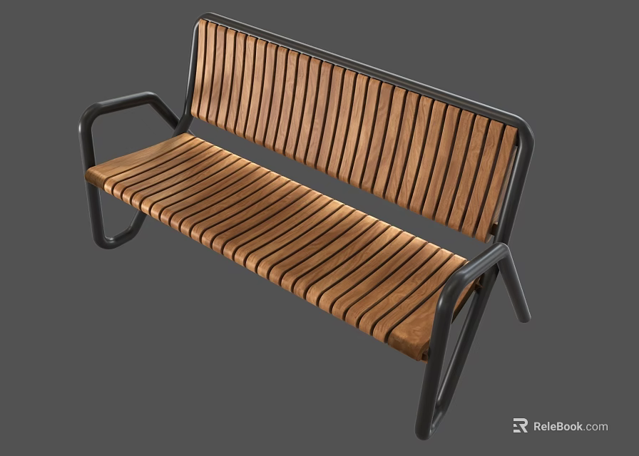 Sturdy Outdoor Bench Design With Wooden Slats And Black Metal Frame Armrests 3d model 