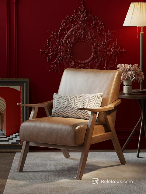 Beige Accent Chair with Herringbone Pillow against Red Wall Ornate Carving Side Table Vase Flowers 3d model 
