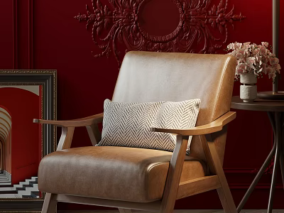 Beige Accent Chair with Herringbone Pillow against Red Wall Ornate Carving Side Table Vase Flowers 3d model