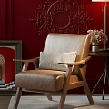 Beige Accent Chair with Herringbone Pillow against Red Wall Ornate Carving Side Table Vase Flowers
