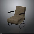 Modern Brown Fabric Accent Chair With Black Armrests And Curved Metal Frame Design