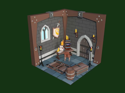 Cartoon Medieval Castle Room Scene With Stone Walls Arched Window Lit Candles Tapestry And Barrels 3d model