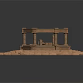Architectural Model of Historical Building with Octagonal Structure and Wooden Components on Scattered Platform Base