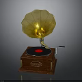 Vintage Gramophone With Golden Horn Wooden Base Black Vinyl Record Red Center