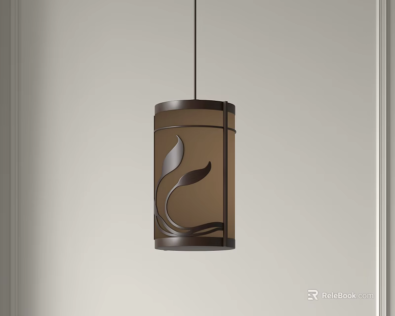 Brown Cylindrical Pendant Light With Leaf Pattern Hanging In Modern Space 3d model