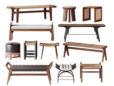 Assorted Modern Wooden Rattan Stools With Diverse Designs For Home Decor 3d model