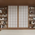Wooden Bookshelves With Sliding Doors White Grid Panels Filled With Books And Decorative Items
