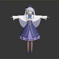 Anime Game Character With Blue Hair Purple Dress And White Cape Arms Outstretched Pose