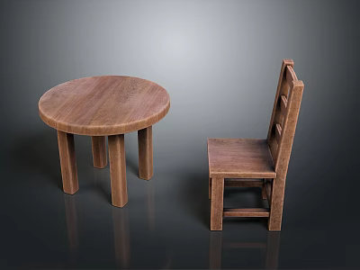 Simple Round Wooden Table with Slatted Back Chair Set Natural Wood Finish Design 3d model