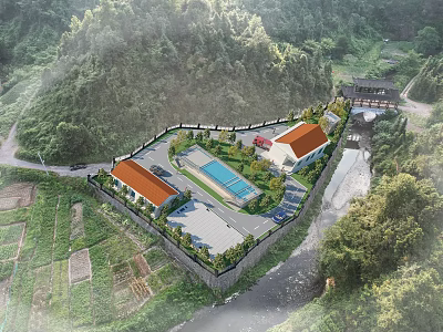 Scenic Aerial View Plan With Forested Hills Buildings Swimming Pool Parking Lot River And Fields 3d model
