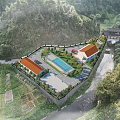 Scenic Aerial View Plan With Forested Hills Buildings Swimming Pool Parking Lot River And Fields
