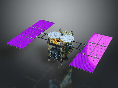 Detailed Satellite Structure With Purple Solar Panels Golden Body And White Antennas 3d model