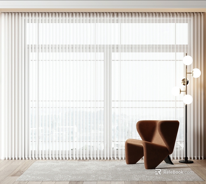 Venetian Blinds In Bright Interior With Large Window Brown Chair And Floor Lamp 3d model 