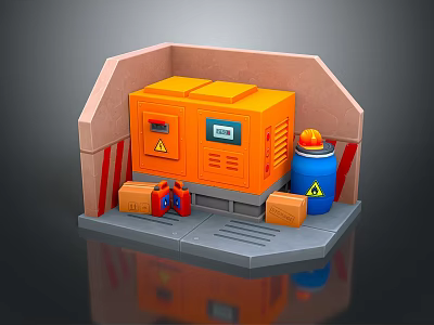 Home Living Supplies Including Orange Storage Cabinet Blue Barrel And Warning Signs 3d model