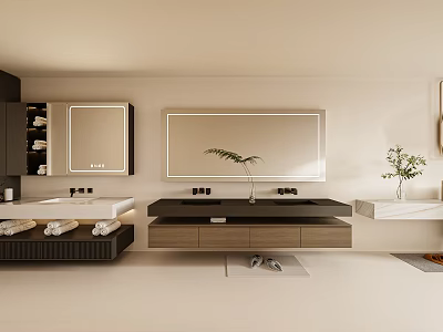 Modern Elegant Bathroom Vanity Interior With Marble Countertop Wooden Cabinets Large Mirror And Potted Plants 3d model