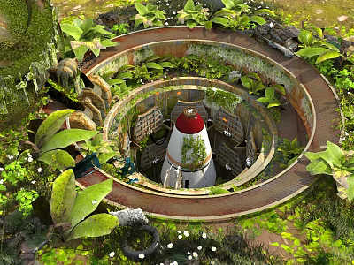 Cartoon Scene of Enchanted Circular Lighthouse Surrounded by Lush Green Plants Vines and Winding Path 3d model