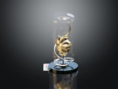 Golden Heart Model Medical Device With Glass Dome And Black Base 3d model