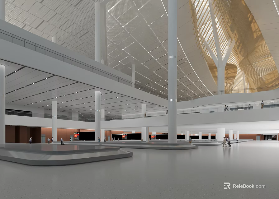 Modern Airport Open Hall Interior With White Columns Glass Roof Spacious Space And People Walking 3d model 