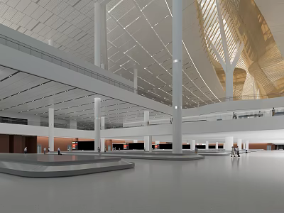Modern Airport Open Hall Interior With White Columns Glass Roof Spacious Space And People Walking 3d model